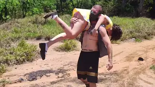 Tattooed Redhead Wife Squirts and Pisses During Halloween Camping