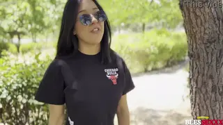Tattooed Brunette Auditions Outdoors in Interracial Casting Session