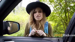 Blonde Hitchhiker Gives Blowjob in Car Outdoors