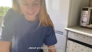Busty Woman Seduces Courier on Kitchen Counter