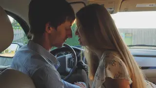 Blonde Bombshell Takes a Deep Throat Ride in a Moving Car