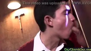 Clerical Figure Services a Man Through a Gloryhole