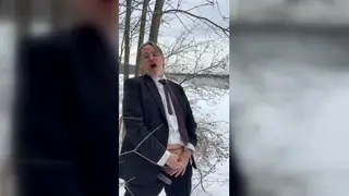 Hairy Daddy in Suit Strokes to Cum by Frozen River