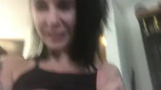 Petite Tattooed Brunette Stretches in Yoga Pants Then Masturbates