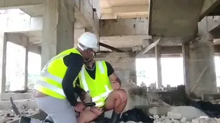 Handyman and Colleague Play With Wife's Toys at a Construction Site