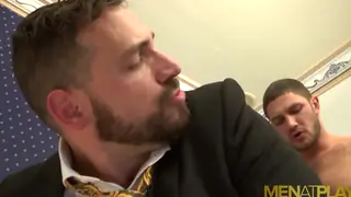 Suited Muscle Hunk Takes a Deep Blowjob Before a Hotel Fuck