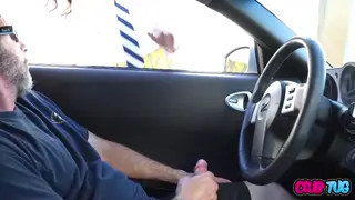 Schoolgirl in Uniform Gives Public Handjob by Car