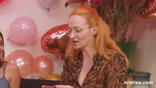 Redhead Joins Busty European Women in Hairy Toy Play