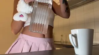 Petite Brunette Teen Strips Pink Skirt for Solo Tease