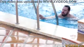 Hairy Bear Strokes His Cock Outdoors by the Pool