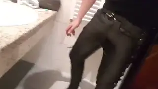 Twink Wets Fresh Leather Pants in Close-Up