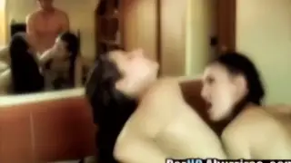 Two Guys Share a Blowjob with the Neighbour in a Hotel