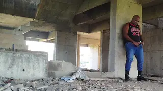 Hairy Ebony Daddy Pisses and Strokes at a Work Site