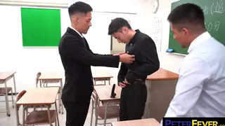 Muscular Asian Trio Explores Toys in Threesome