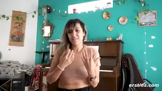 Brunette Rides Toy in Mirror Doggystyle Show