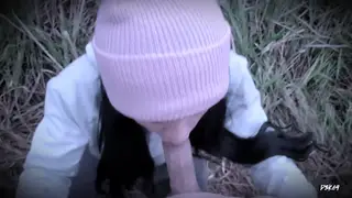 Curvy Woman Gives Deep Blowjob Outdoors Until He Finishes