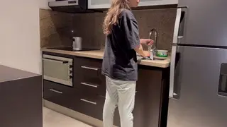 Petite Wife Dominates Husband's Friend on Kitchen Counter
