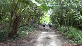 Uniformed Military Trio Explores First Outdoor Threesome
