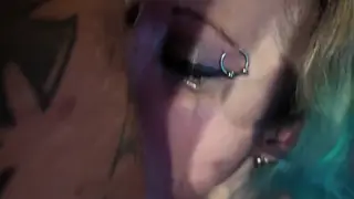 Tattooed European Woman Gives Deepthroat in Bathroom