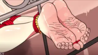 Bound Busty Babe Delivers a Footjob Until a Hot Cumshot