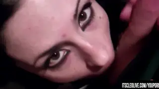 Busty Brunette Student Takes Cum in Mouth During Bathroom Blowjob