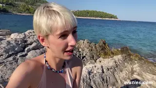 Blonde European Teen Fingers Her Hairy Slit on a Croatian Beach