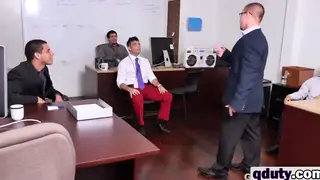 Muscular Office Studs Share Blowjob Threeway at Desk