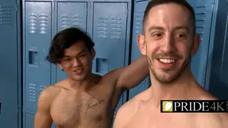 Inked Twinks Share Monster Cock in Dual Blowjob
