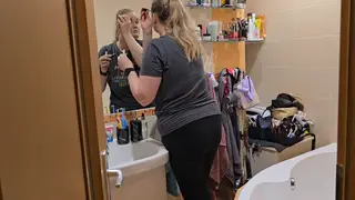 Curvy Blonde Wife Applies Makeup Under Her Husband's Gaze