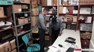 Uniformed Officer Barebacks Employee Doggystyle Over Desk
