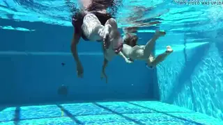 Two Women Swim Naked in Outdoor Pool Wearing Stockings