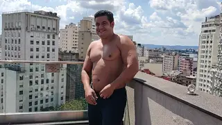 Hairy Latino Bear Strokes His Cock Poolside in Uniform