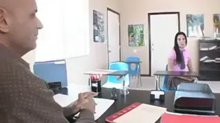 Brunette Teen in Stockings Services Teacher at Desk