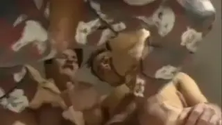Vintage Muscle Threesome Ends in Explosive Cumshots