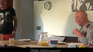 Brunette Enjoys Double Blowjob and Doggystyle on Kitchen Table