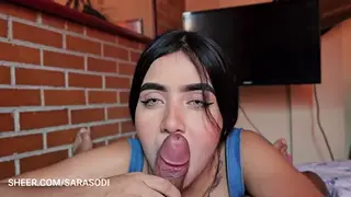 Petite Brunette Swallows While Her Husband Watches