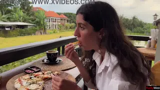 Skinny Brunette Swallows Load While Eating Pizza Outdoors