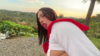 Tattooed Latina in Uniform Rides Outdoors
