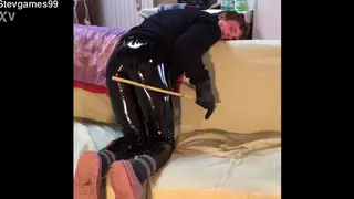 Teen in Leather Pants Teases His Own Body