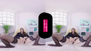 Busty Brunette Teases in Stockings for VR Voyeur