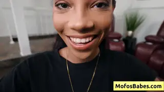 Voluptuous Ebony Teen Deepthroats White Cock in POV