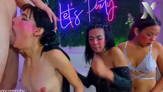 Petite Latinas Share Two Cocks in Sloppy Throat Action