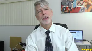 Mature Teacher Feeds His Load to a Kneeling Student