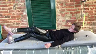 Hairy Teen Strokes Cock Outdoors in Leather Pants