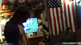 Muscular Twinks Take Turns in a Bareback Gangbang