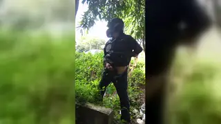 Mature Asian Guy Strokes Himself Outdoors in Leather