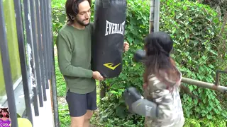 Petite Teen Sucks Neighbor's Big Cock After Boxing Match