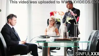 Busty HR Milf Deepthroats Employee at the Office Desk