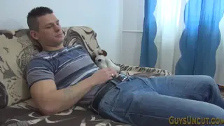 Inked European Muscle Stud Strokes Uncut Cock