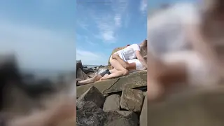 Blonde Wife Rides Lover on Beach With Husband Nearby